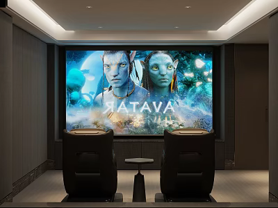 Home Theater Room Interior With Large Screen Movie Projection Comfortable Chairs And Small Table 3d model