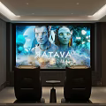 Home Theater Room Interior With Large Screen Movie Projection Comfortable Chairs And Small Table