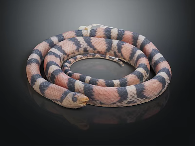 Colorful Coiled Snake With Pink And Black Stripes On Black Background With Shiny Surface 3d model