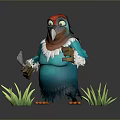 Cartoon Parrot With Blue Feathers Red Hat And White Scarf Holding Axe On Green Grass