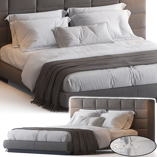 Modern Double Bed Interior With Grey Headboard White Pillows And Grey Throw Blanket 3d model 