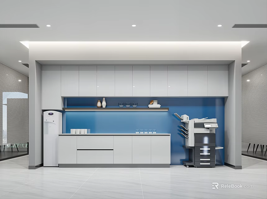 Tea Room Interior Design With White Cabinets Blue Backsplash Refrigerator And Coffee Machine 3d model 