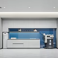 Tea Room Interior Design With White Cabinets Blue Backsplash Refrigerator And Coffee Machine
