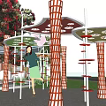 Park Landscape Featuring Lush Trees Curved Walkways Circular Plaza Red Structure And Playground Equipment