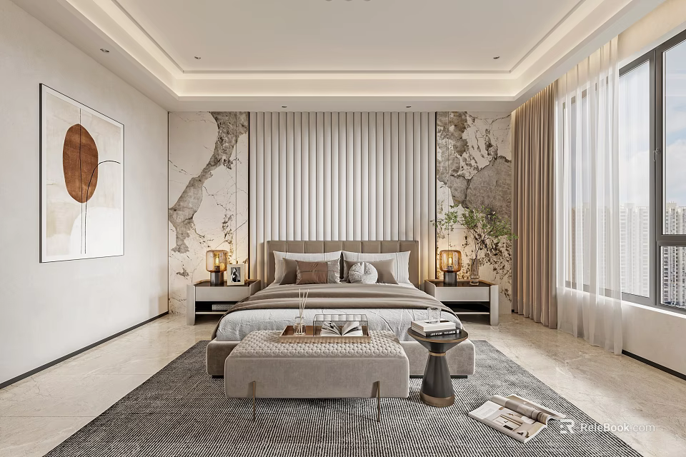 Elegant Modern Bedroom Design With King Size Bed Wall Art Plush Rug And Nightstands 3d model 