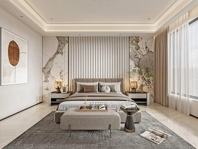 Elegant Modern Bedroom Design With King Size Bed Wall Art Plush Rug And Nightstands 3d model