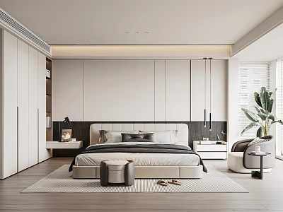 Modern Bedroom Interior Design With Bed Nightstand Wardrobe Carpet And Plant 3d model