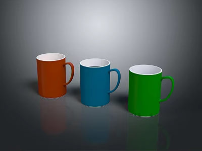 Three Colorful Mugs Orange Blue Green With Handles On Dark Surface 3d model