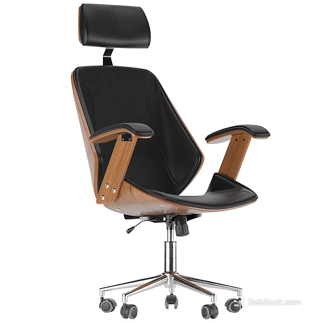 Modern Office Chair With Black Leather Seat Wooden Armrests Adjustable Headrest And Chrome Metal Base 3d model 
