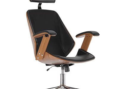 Modern Office Chair With Black Leather Seat Wooden Armrests Adjustable Headrest And Chrome Metal Base 3d model