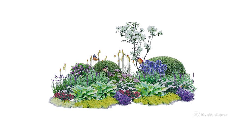 Vibrant Flower Garden With Various Plants Green Shrubs And Butterflies 3d model 