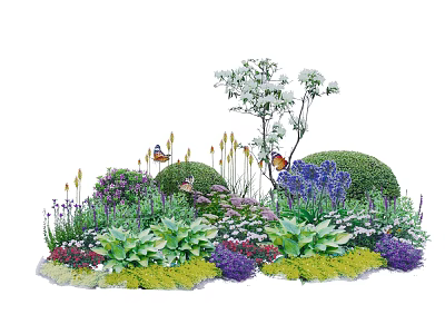 Vibrant Flower Garden With Various Plants Green Shrubs And Butterflies 3d model