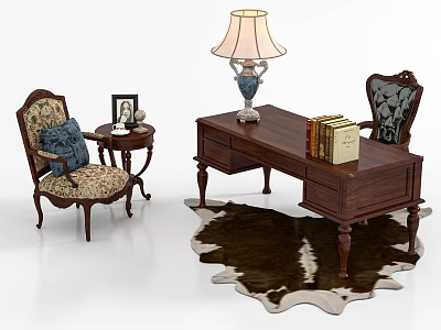 Vintage Wooden Desk With Table Lamp Books Armchairs And Cowhide Rug 3d model