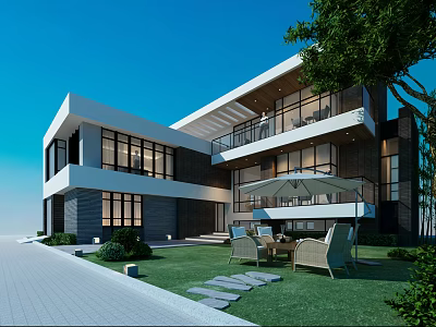 Modern Single Family House With Large Windows Balcony Outdoor Lawn And Patio Furniture 3d model