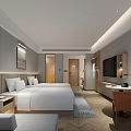Modern Hotel Guest Room Interior With Double Bed Work Desk TV And Soft Lighting