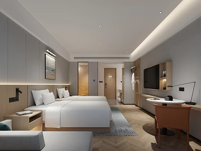 Modern Hotel Guest Room Interior With Double Bed Work Desk TV And Soft Lighting 3d model
