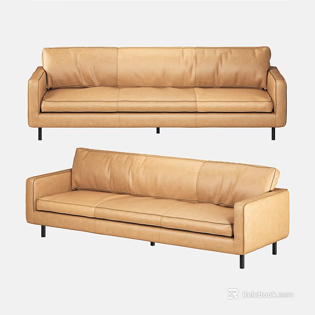 Light Brown Leather Three Seater Sofa With Modern Design And Black Legs 3d model