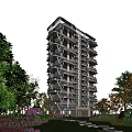 Modern High Rise Residential Building with Geometric Balconies Surrounded by Green Trees and Plants