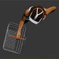 Woman In Blue Overalls Using VR Headset With Shopping Basket On Gray Background