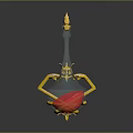 Golden Decorative Ornament Stand With Red Sphere And Crimson Pendant Design