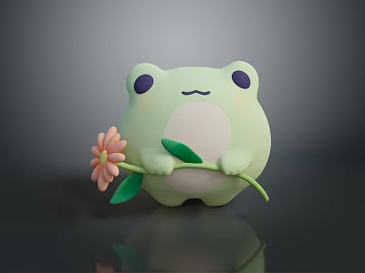 Cute Green Reptile Plush Toy Holding Orange Flower With Big Eyes And Smile 3d model
