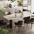 Modern Dining Area With Rectangular Table Brown Chairs And Modern Kitchen Background 3d model