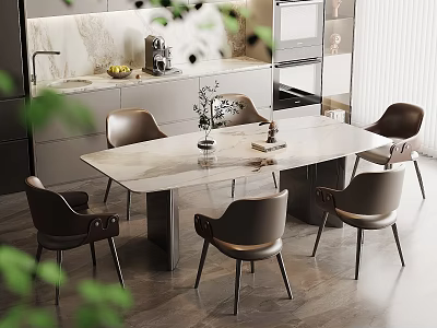 Modern Dining Area With Rectangular Table Brown Chairs And Modern Kitchen Background 3d model
