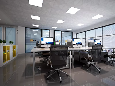 Modern Public Office Space With Large Windows Desks Computers And Ergonomic Chairs 3d model