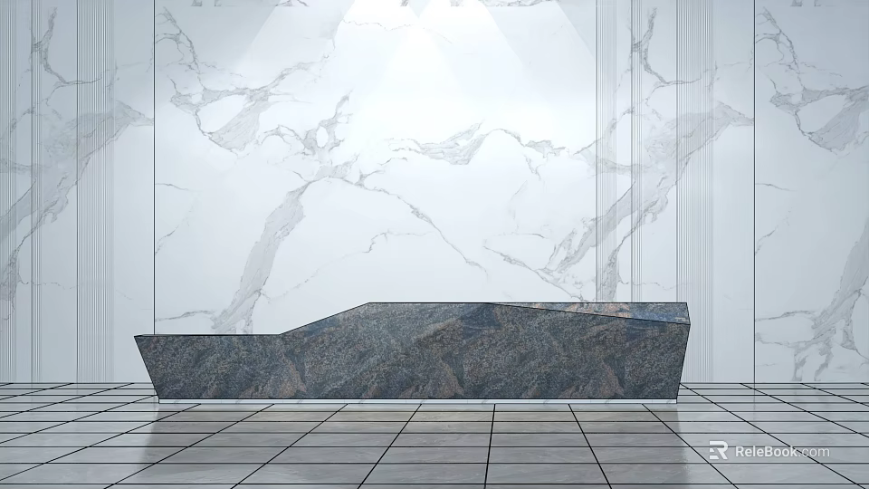 Modern Reception Desk With Stone Surface Marble Wall And Tile Floor Design 3d model 