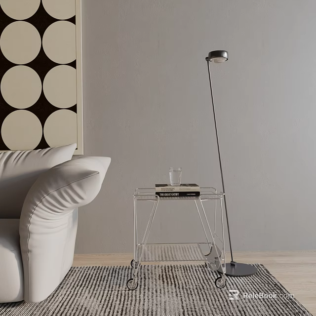 Modern Side Table With Transparent Frame Next To White Sofa And Floor Lamp 3d model 