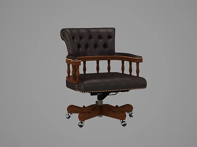 Classic Black Leather Leisure Chair With Tufted Backrest Wooden Armrests And Wheeled Base 3d model