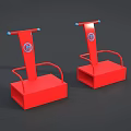 Two Red Training Devices With Blue Handles And Circular Logos 3d model