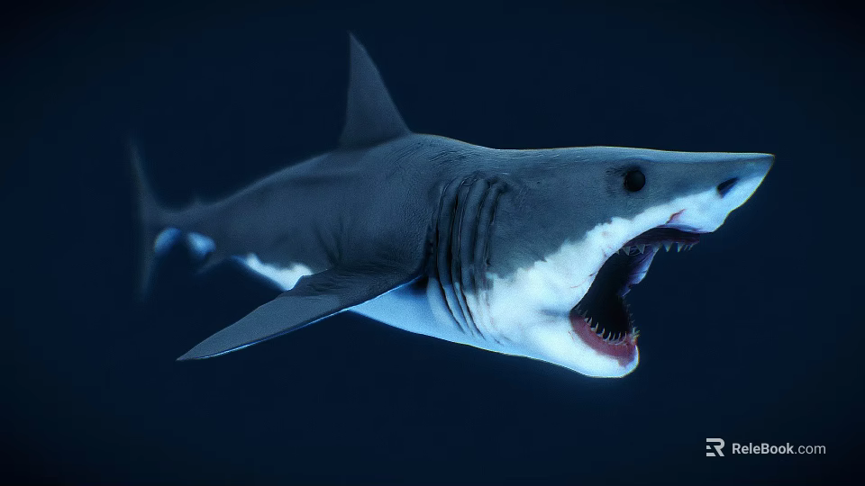 Gray And White Shark With Open Mouth Sharp Teeth Swimming In Deep Blue Water 3d model 