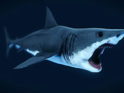 Gray And White Shark With Open Mouth Sharp Teeth Swimming In Deep Blue Water 3d model