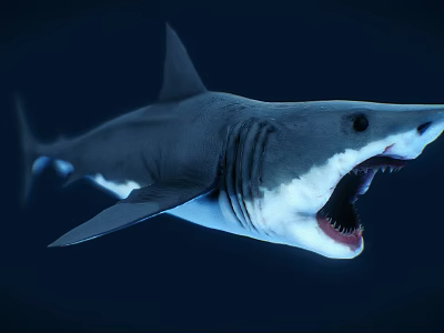 Gray And White Shark With Open Mouth Sharp Teeth Swimming In Deep Blue Water 3d model Gray And White Shark With Open Mouth Sharp Teeth Swimming In Deep Blue Water 3d model