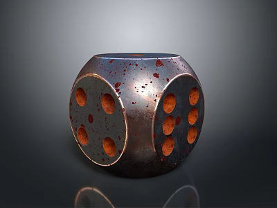 Decorative Dice Shaped Furniture Piece With Blue Black Finish And Red Speckles Round Holes 3d model