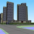 Modern Commercial Complex With High Rise Buildings Glass Curtain Walls And Landscaped Areas