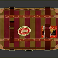 Vintage Trunk With Red And Gold Stripes And Various Travel Stickers