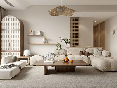 Modern Cozy Living Room Interior With Beige Sofa Round Coffee Table And Rattan Pendant Light 3d model