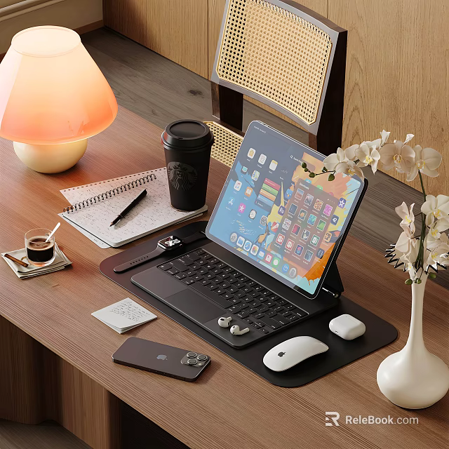 Digital Workspace Setup With Tablet Keyboard Mouse And Smartphone On Wooden Desk 3d model 