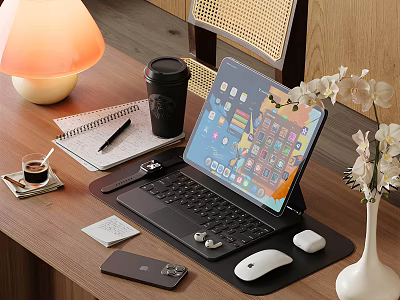 Digital Workspace Setup With Tablet Keyboard Mouse And Smartphone On Wooden Desk 3d model