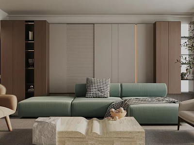 Modern Living Room Interior With Green Sofa Stone Coffee Table And Wooden Cabinets 3d model