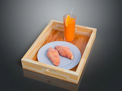 Cute Kitten Sitting Near Wooden Tray with Fresh Orange Juice and Croissants 3d model