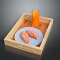 Cute Kitten Sitting Near Wooden Tray with Fresh Orange Juice and Croissants