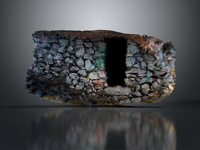 Abstract Rock Sculpture With Hollow Center And Layered Stone Blocks On Reflective Surface 3d model