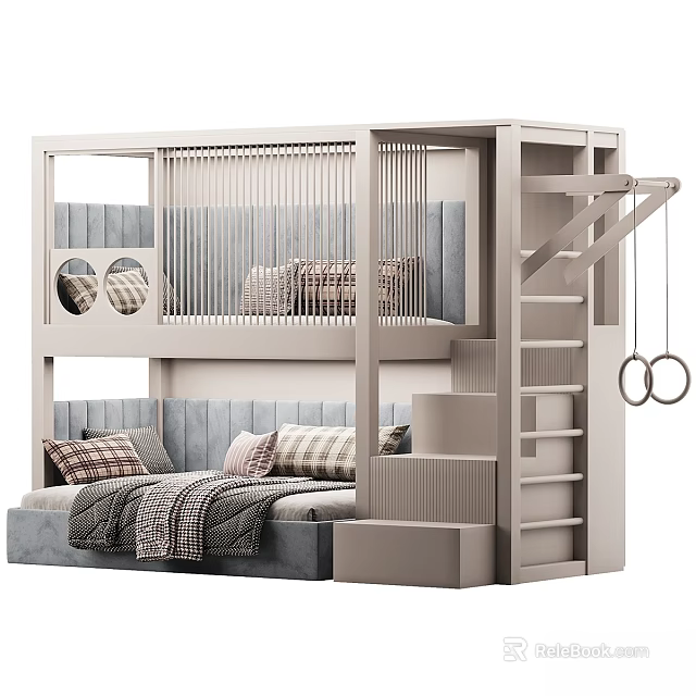 Modern Children's Bunk Bed With Ladder Guardrail Upper Lower Layers And Soft Pillows 3d model 