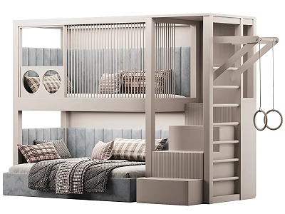Modern Children's Bunk Bed With Ladder Guardrail Upper Lower Layers And Soft Pillows 3d model
