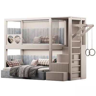 Modern Children's Bunk Bed With Ladder Guardrail Upper Lower Layers And Soft Pillows 3d model