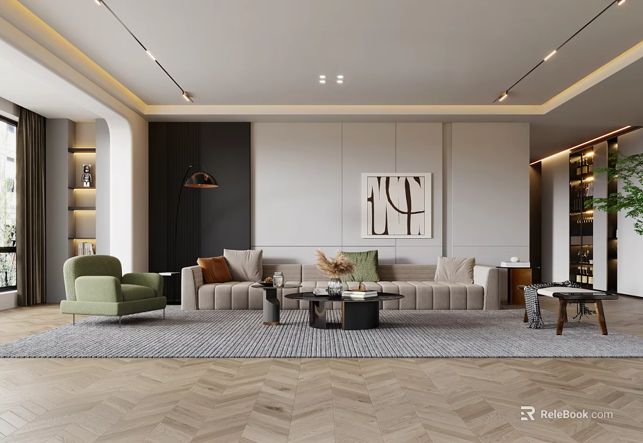 Modern Living And Dining Room Interior With Light Gray Sofa Green Armchair And Herringbone Floor 3d model 