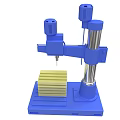 Blue Drill Press With Rotary Arm Column Base And Yellow Workpiece